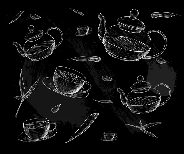 Çay toplama. El çizmek vektör çizim. Çay saati. çay bardak, çaydanlık — Stok Vektör