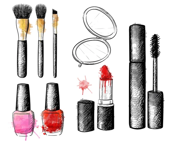 Colección de cosméticos. Set de moda vectorial. Labios gráficos dibujados a mano, ojo, tacones, rímel, lápiz labial, esmalte de uñas. Dibujo vector ilustración . — Vector de stock