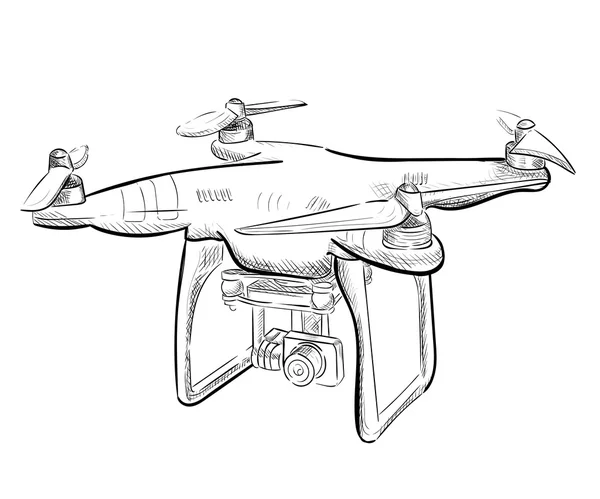 Hand draw vector illustration aerial vehicle quadrocopter. Air drone hovering. Drone sketch — Stock Vector