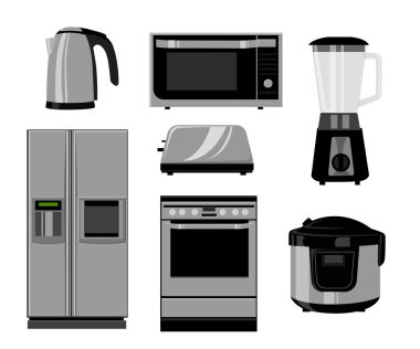 Ev mutfak teknikleri seti: Mikrodalga ve Fırın, öğütücü. Vektör çizimi. Düz stilde vektör çizimi.