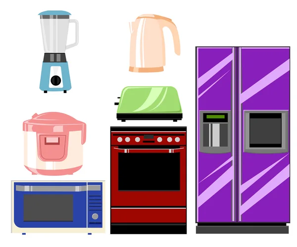 Комплект бытовой кухонной техники: микроволновая печь и духовка, шлифовальная машина. Векторный рисунок. Векторная иллюстрация в плоском стиле . — стоковый вектор