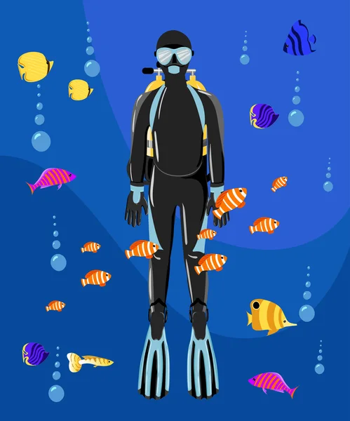 Búvárkollekció. Sport víz alatti, víz-tenger, kesztyű és zseblámpa, dzseki, nadrág, öltöny, zokni, szabályozók, polip, maszk és a légzőcső. Tengeri halak — Stock Vector