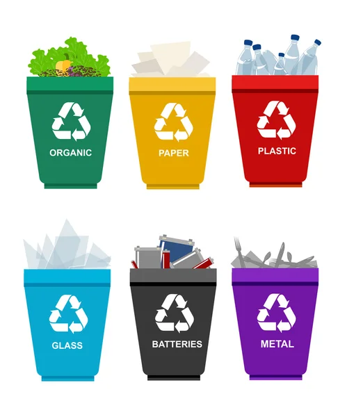 Reciclar cubos de basura. Concepto de separación. Conjunto de residuos: plástico, orgánico, batería, vidrio, metal, papel. Categorías de basura . — Vector de stock