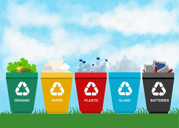 Переработать мусорные баки. Концепция разделения. Набор отходов: пластик, органические, аккумулятор, стекло, металл, бумага. Категории мусора . — стоковый вектор