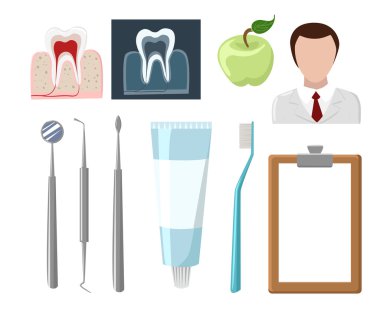 Diş Bakımı düz Dekoratif simgeler stomatologist araçları diş bakım ürünleri izole vektör çizim çürük klinik protez diş hijyen dişçi araçları ile Stomatologist ayarla.