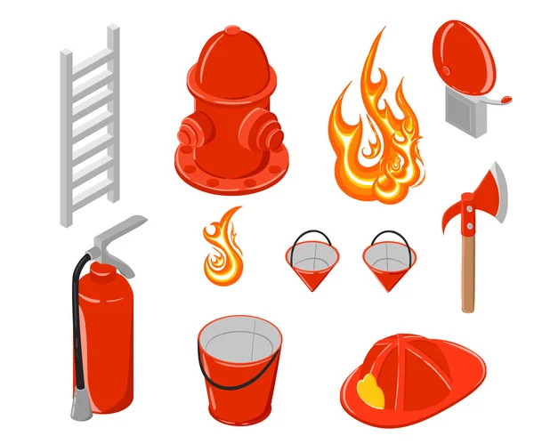 Isometric vector illustration of firefighting. Hook and hydrant. Firefighting collection. Elements for infographic — Stock Vector