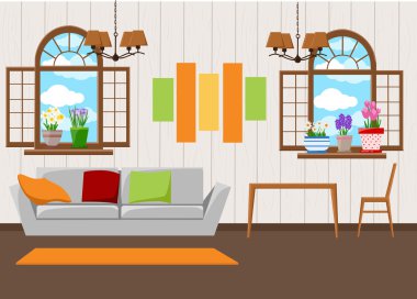 Güzel tasarım öğeleri, oturma odası mobilya vektör çizim orta yüzyılda modern tarzı.