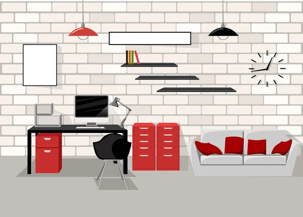 Working Place Modern Office Interior Flat Design Vector Illustration Concepto de escritorio de computadora en el lugar de trabajo Concepto de lugar de trabajo. Oficina en casa moderna — Vector de stock