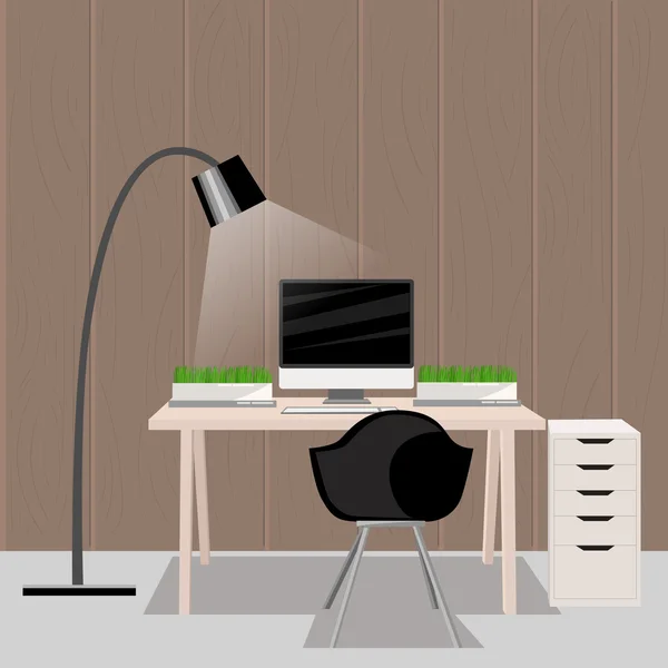 Pracovní místo moderní kancelářský interiér plochý Design vektorové ilustrace počítač stůl pracovní koncepce pracoviště koncept. Moderní domácí kancelář — Stockový vektor