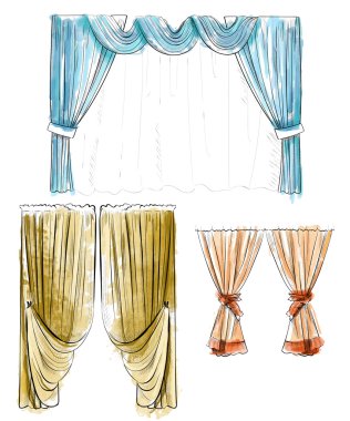 Kroki tasarım perdeleri pencereler. Tasarım, web sitesi, ambalaj, tekstil, iç kumaş dekoratif elemanları kullanım için arka plan. Perde lambrequins beyaz izole ile kaplı