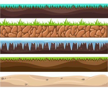Illustration of a set of seamless grounds, soils and land foreground area with ice, desert, beach, sand, roots and grass layers and patterns for ui game. Seamless grounds, soils and land vector set. clipart