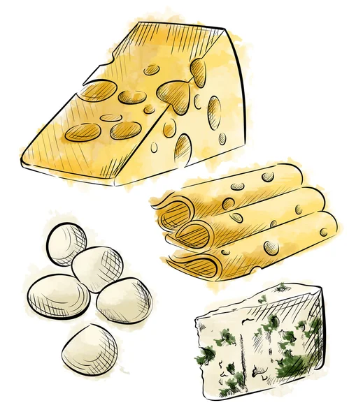 Des fromages. Délicieuse variété fraîche faisant divers ensemble de croquis mozzarella — Image vectorielle