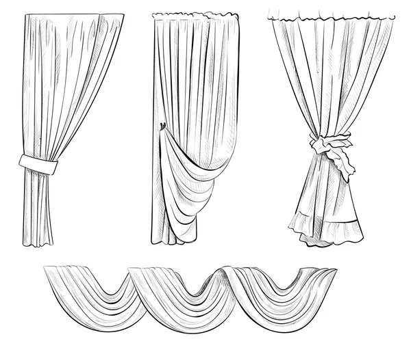 Bosquejo diseño cortinas ventanas. Fondo para su uso en el diseño, sitio web, embalaje, textil, elementos decorativos de tela para interiores. Cortina cubierta con lambrequines aislados en un blanco — Vector de stock