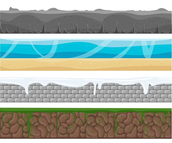 얼음, 사막, 해변, 모래, 뿌리와 잔디 층과 UI 게임에 대한 패턴 원활한 근거, 토양과 토지 전경 영역의 세트의 그림. 원활한 부지, 토양 및 토지 벡터 세트. — 스톡 벡터