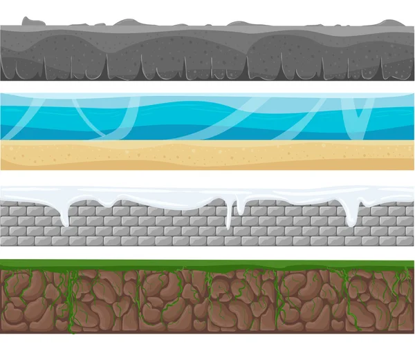 Ilustração de um conjunto de terrenos sem costura, solos e área de primeiro plano da terra com gelo, deserto, praia, areia, raízes e camadas de grama e padrões para o jogo ui. Terrenos sem costura, solos e conjunto de vetores terrestres . — Vetor de Stock