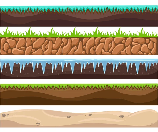 Illustration einer Reihe von nahtlosen Gelände, Böden und Land Vordergrundfläche mit Eis, Wüste, Strand, Sand, Wurzeln und Grasschichten und Muster für ui Spiel. nahtlose Böden, Böden und Landvektoren. — Stockvektor