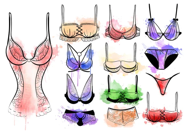 Lencería de moda femenina. Sexy conjunto de lencería de encaje. Colección de lencería vectorial — Vector de stock