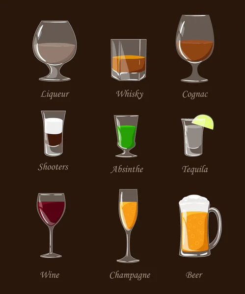 Алкогольные напитки устанавливают различные бутылки и стаканы — стоковый вектор