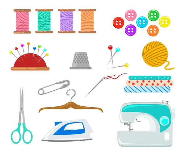 Herramientas de coser y equipo aguja máquina pin hilo — Vector de stock