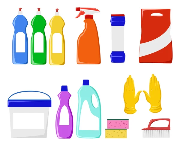 Cleaning tools vector set. Detergents for cleaning home. Household supplies — Stock Vector