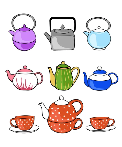 Çay toplama. El vektör çizim Kupası, çaydanlık çizgi çizmek — Stok Vektör