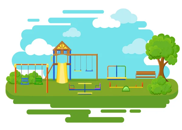 Parques infantis ícones planos conjunto com corrediças de carrosséis de balanço e escadas isoladas — Vetor de Stock
