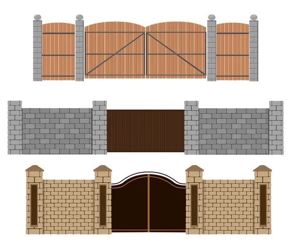 Ilustración vectorial valla. Cerca de ladrillo y cerca de madera. Diferentes diseños de vallas y puertas aisladas en un blanco — Vector de stock