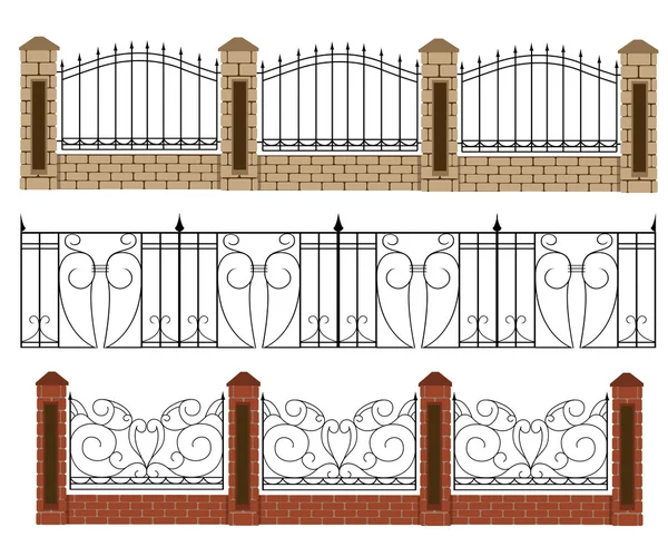 Illustrazione vettoriale recinzione. Recinzione in mattoni e recinzione in legno. Diversi disegni di recinzioni e cancelli isolati su un bianco — Vettoriale Stock
