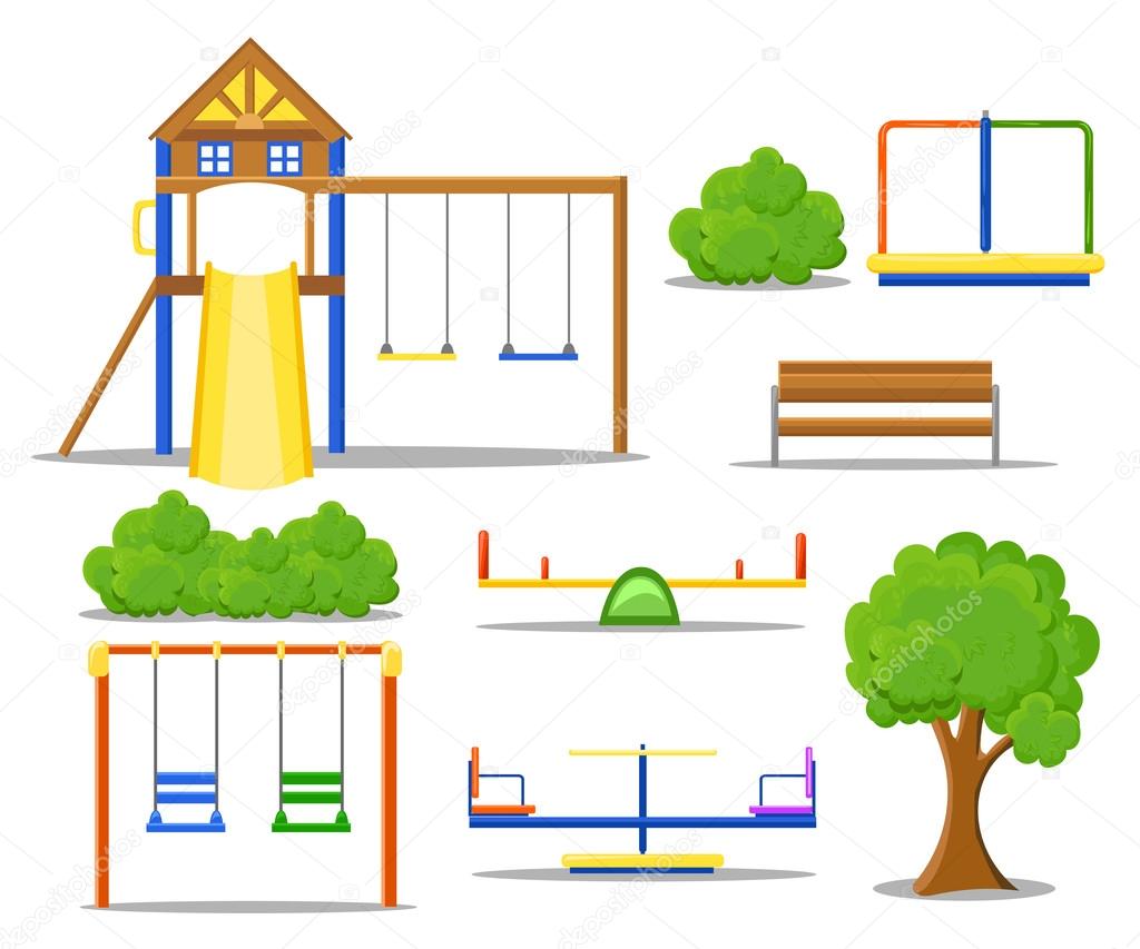 Playground flat icons set with swing carousels slides and stairs isolated