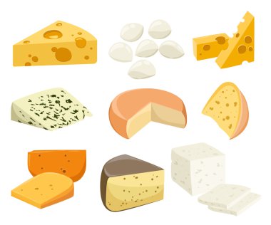 Beyaz izole peynir parçalarını. Peynir simgeler izole popüler tür. Peynir çeşitleri. Modern düz stil gerçekçi vektör çizim