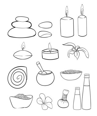 Spa vektör kümesi. Kaya tuzu esans Jakuzi el çizmek vektör çizim satırı simgesi