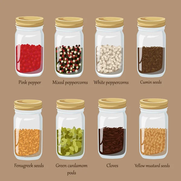 Bank med kryddor. Platt smakrika kryddor och smaktillsatser ikonen olika kryddor presenteras i glas skål och skål kryddor vektor. — Stock vektor
