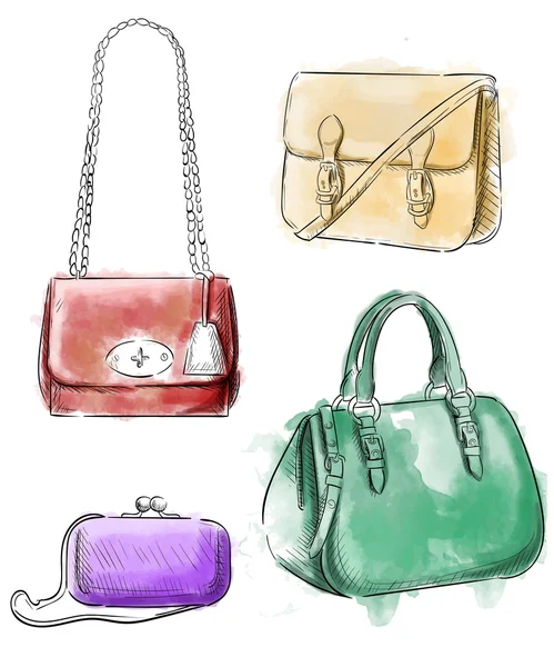 Ilustración de moda. Bolsos Bolsos dibujados a mano Accesorios mujer bolsos — Vector de stock