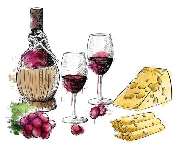 Колекція вина. вино скляний келих виноградна гілочка. Вектор малюнка руки . — стоковий вектор
