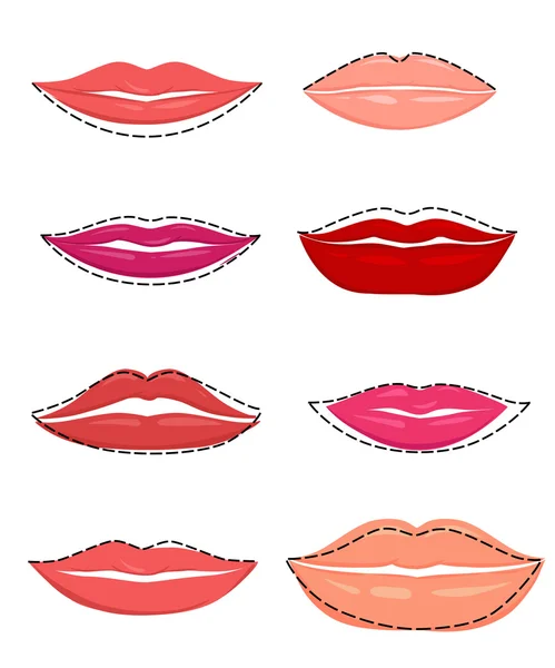 Vormen van lippen ingesteld van vector roze lippen de lippen van de andere vorm. Het aantal rode lippen. Kleurrijke lip stick set — Stockvector