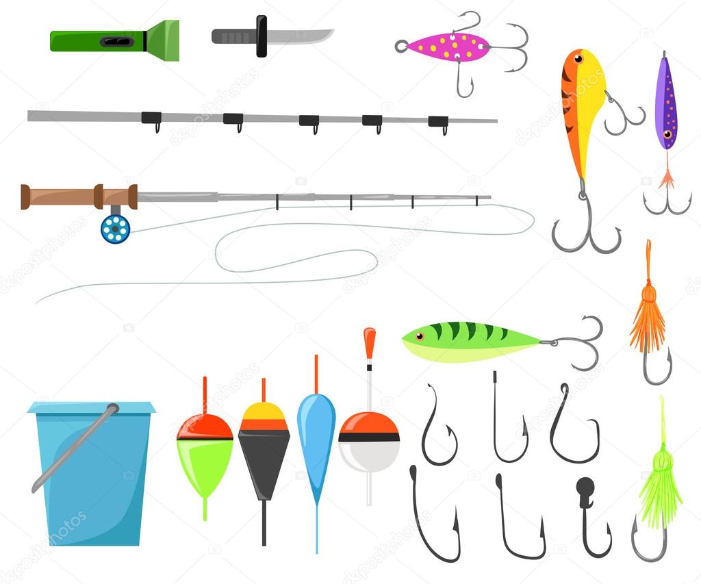 Fishing lure vector set. Fishing tools illustration. Hook bait. Vector set of various stylized icons for fishing