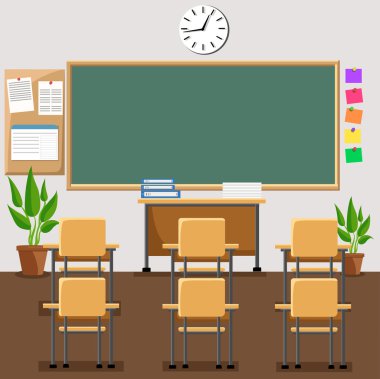 Sınıf okul okul sınıf chalkboard ve çalışma masaları ile vektör düz çizim.