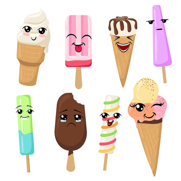 Dondurma smilies Emoticons ayarla. Beyaz arka planda lezzetli izole renkli izole vektör çizim — Stok Vektör