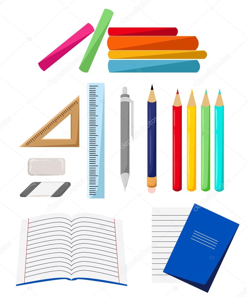 Flat stationery drawing tools, pen set. School accessories — Stock