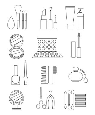 Satırı simgesi kozmetik ve güzellik ince çizgi stili ruj gölge kapatıcı Beautyblender göz maskara tırnak vernik fırçaları bir makyaj için set makyaj