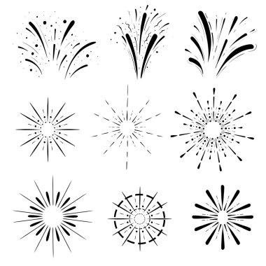 Havai fişek çizgisi simgeleri. Havai fişekler ve Retro Sun patlama şekilleri. Klasik yıldız patlaması logosu, etiketler, rozetler. Vektör tasarım ögeleri izole edildi.