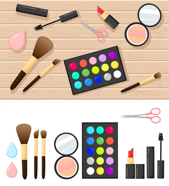 Flat illustration of cosmetic elements. Vector design of make up procedure. lipstick shadow concealer Beautyblender eye mascara nail varnish brushes for a make-up — Stock Vector