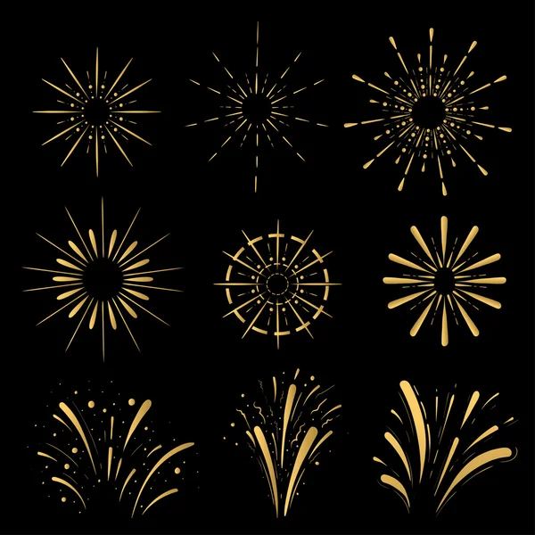 Pyrotechnic line icons. Fireworks and celebration Retro Sun burst shapes. Vintage starburst logo, labels, badges. Vector design elements isolated. — Stock Vector