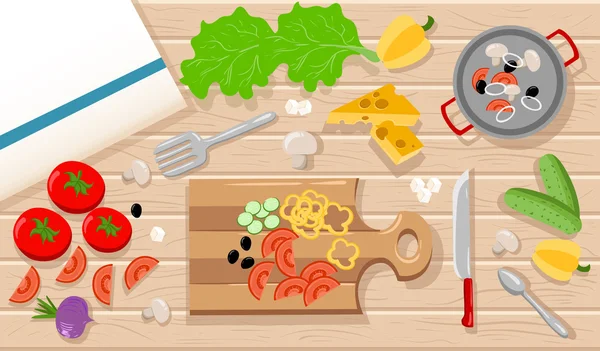 Kochkonzept. Web-Banner oder Werbematerialien Illustration im flachen Design-Stil Kochen einer vegetarischen Mahlzeit, — Stockvektor