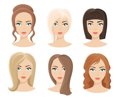 Farklı renk tonları ve saç türleri. Farklı kızın saç kıvırcık dalgalı kısa orta için kümesi. Kuaför yeni bir stil yeni saç modeli
