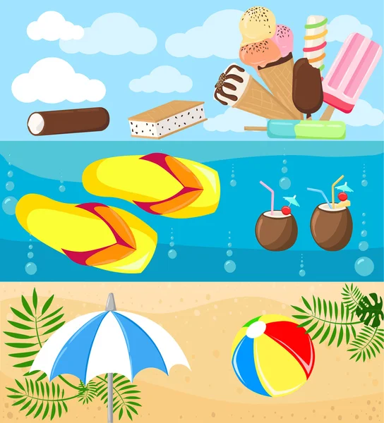 Beach icon set summer beach Realistic summer holidays seaside beach icons set isolated vector illustration — Stock Vector