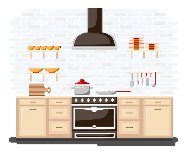 Cozinha com mobiliário Ilustração vetorial de estilo plano. Estilo dos desenhos animados para web, analytics, design gráfico cozinha interior em estilo realista com armários prateleiras utensílios forno e exaustor  . —  Vetores de Stock