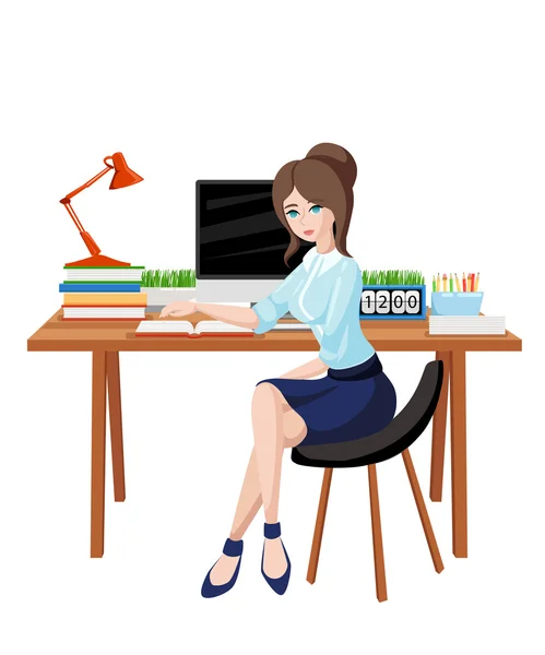 Business woman or a clerk working at her office desk. Flat style vector illustration — Stock Vector