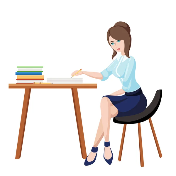 Business woman or a clerk working at her office desk. Flat style vector illustration — Stock Vector