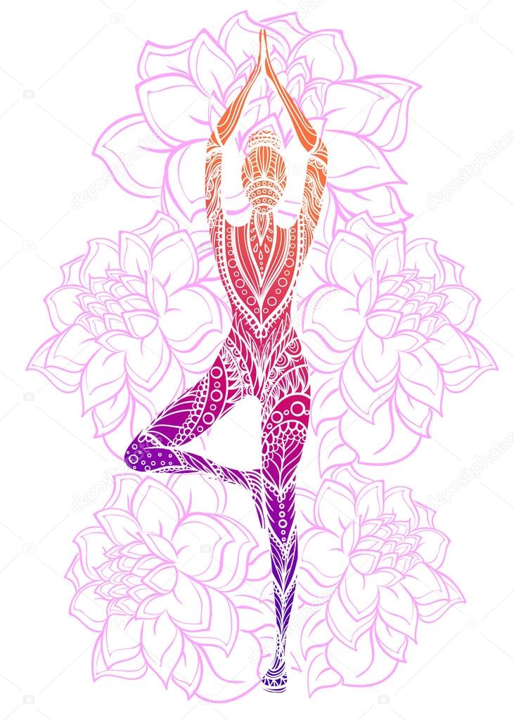 Vector silhouette of yoga woman floral ornament